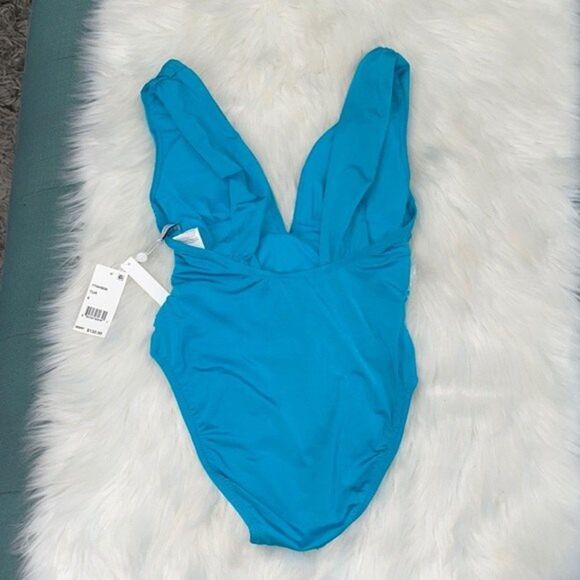 Trina Turk Womens Plunge Wrap Front One Piece Swimsuit Turquoise//Getaway Solids - Picture 4 of 10